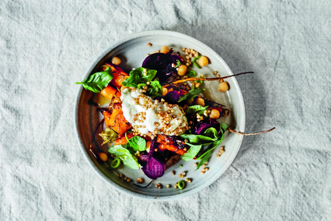 Rodney Dunn & Séverine Demanet, The Agrarian Kitchen Cooking School, Lachlan, Tasmania, Australia: Roast Baby Carrots and Beets with Chickpea and Yogurt Tahini Dressing. Picture credit: courtesy The Agrarian Kitchen Cooking School / Adam Gibson (p. 105, upper)